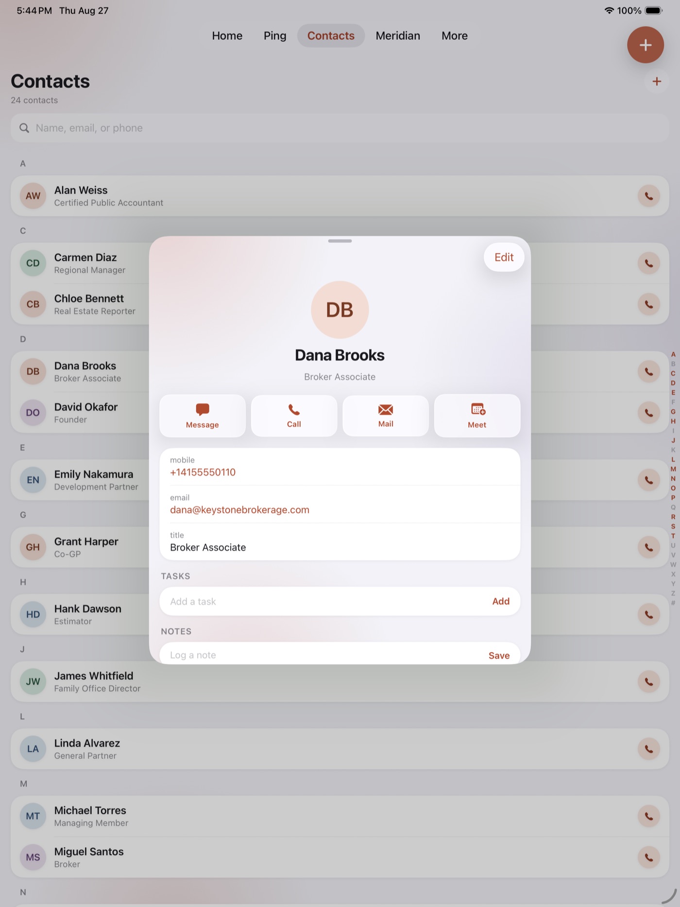 The app on a 13-inch iPad Pro: the contact directory with a record card open, message, call, mail, and meet one tap away