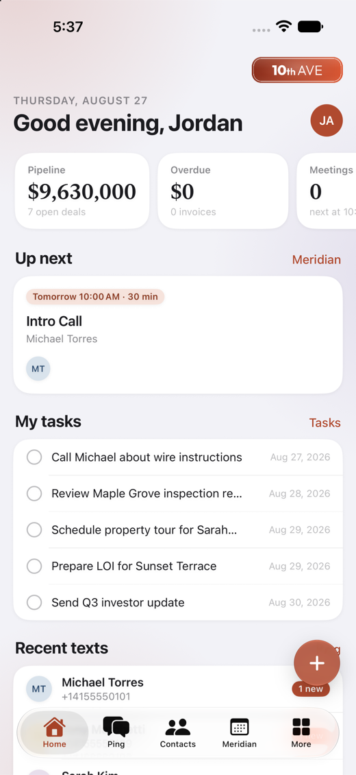 The Home screen on iPhone: pipeline, overdue invoices, the next meeting, tasks, and recent texts