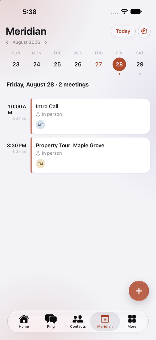 Meridian on iPhone: the day's meetings on a calendar strip